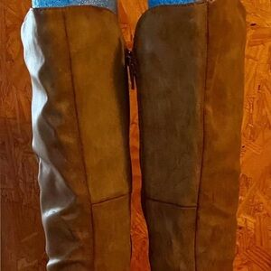 Brown Leather Wedge Heel Knee-High Boots